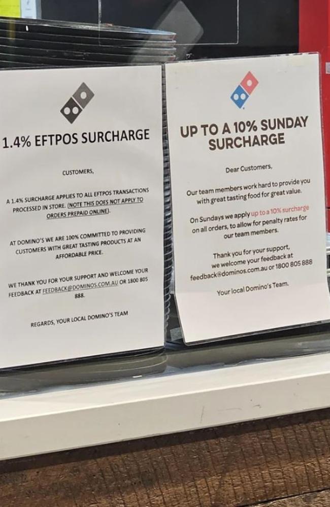 A Sunday surcharge and eftpos surcharge in a Domino's store has sparked outrage. Picture: Reddit
