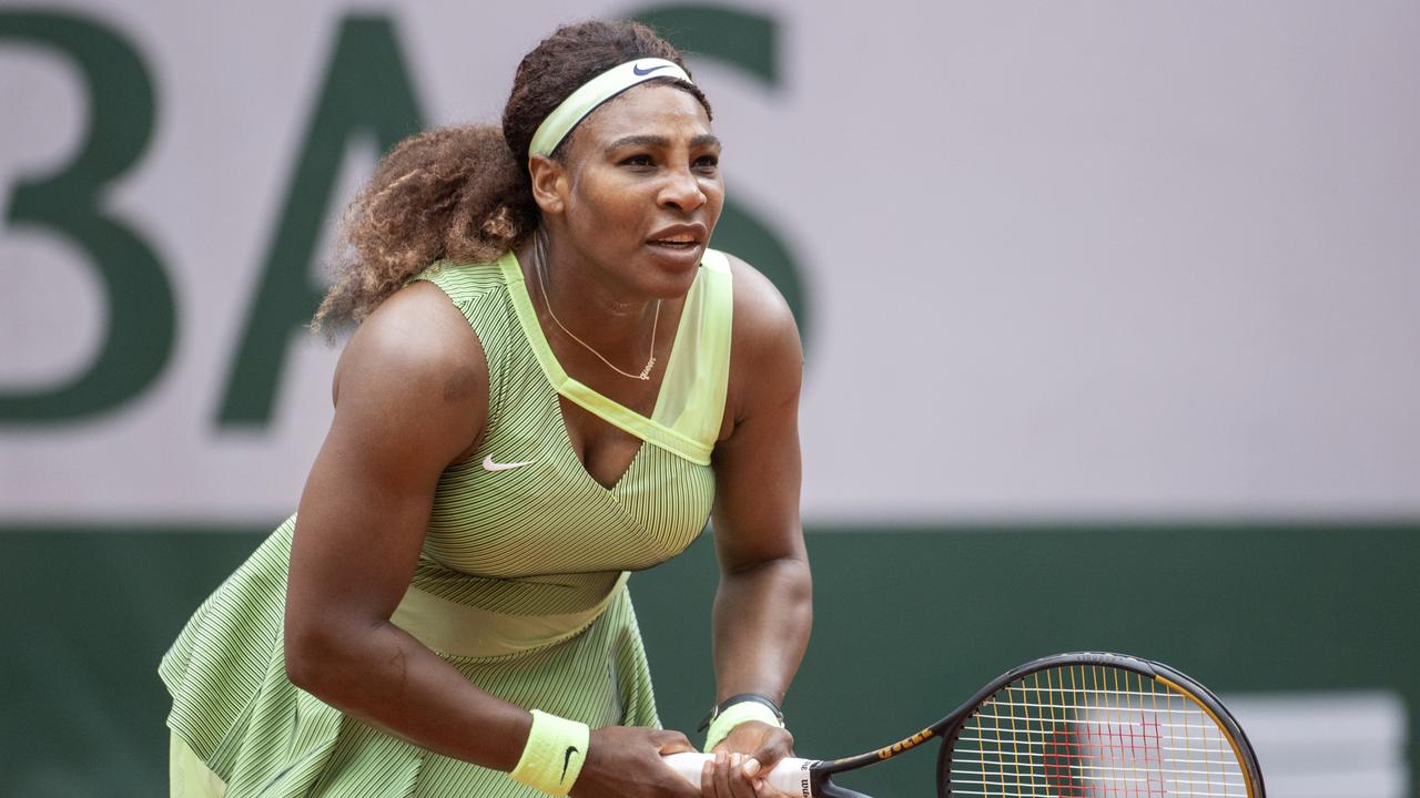 PARIS, FRANCE June 4. Serena Williams of the United States in action against Danielle Collins of the United States on Court Philippe-Chatrier during the third round of the singles competition at the 2021 French Open Tennis Tournament at Roland Garros on June. 4th 2021 in Paris, France. (Photo by Tim Clayton/Corbis via Getty Images)