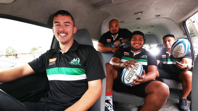 PBC Alleygators players ( L to R ) Charlie Hoggard, Andrew Vatuvei, Sagele Harrison and Jackson Ruwhiu on the club courtesy bus. Photograph : Jason O'Brien