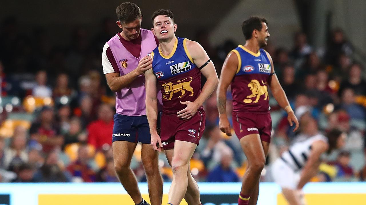 Lachie Neale had a say on the contest after an injury scare in the opening term. Picture: Chris Hyde/AFL Photos/via Getty Images