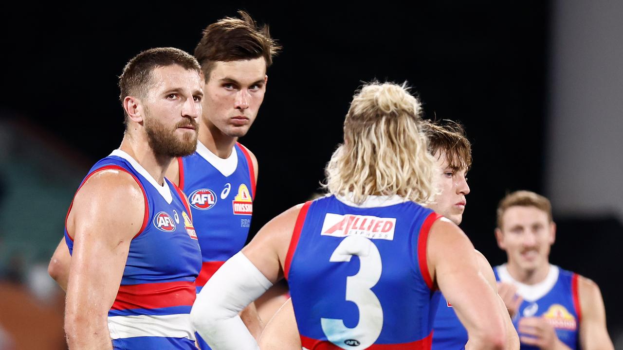 ADELAIDE, AUSTRALIA - APRIL 06: Marcus Bontempelli of the Bulldogs looks dejected after a loss during the 2024 AFL Round 04 match between the Western Bulldogs and the Geelong Cats at Adelaide Oval on April 06, 2024 in Adelaide, Australia. (Photo by Michael Willson/AFL Photos via Getty Images)