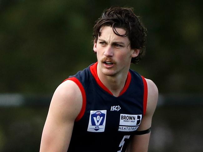 MELBOURNE, AUSTRALIA - JUNE 12: Roan Steele lines up for goal during the 2022 VFL Round 12 match between the Casey Demons and the Collingwood Magpies at Casey Fields on June 12, 2022 in Melbourne, Australia. (Photo by Dylan Burns/AFL Photos via Getty Images)