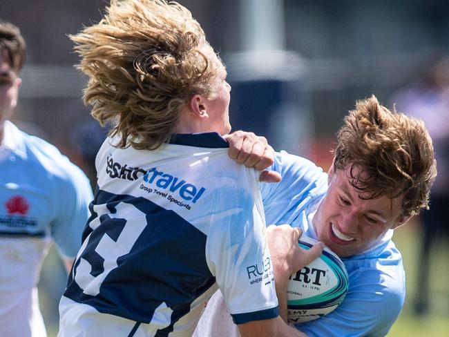 20th September 2022. News Local. SportDaceyville, Sydney, NSW, Australia.Pics by Julian Andrews.Rugby Union Action from the NSW Waratahs Under 18 2nd team v NSW Invitational U18 TeamPicture shows:WaratahÃs player(s): Oscar JorgensenInvitational player(s):  Jullien Caillol