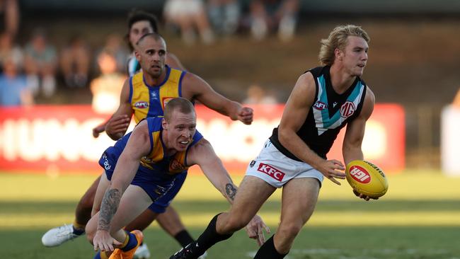 Jason Horne-Francis suffered rib bruising against the Eagles. Picture: Will Russell/AFL Photos via Getty Images