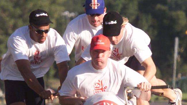 Australia’s 2001 bobsled team of Leigh Stuart, Brett Moore, William Alstergren (red cap) and Alex Pocock training.