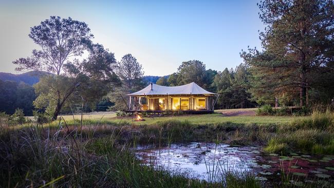 Kanimbia Glamping's safari tents include a kitchenette, internal bathroom, lounge with supersized comfy sofa, barbecue on the covered deck and big screen.