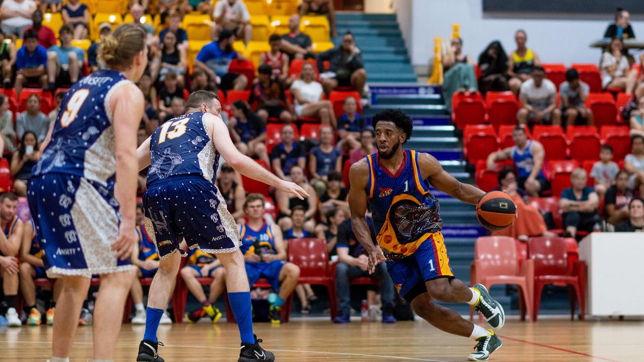 Jerron Jamerson is under pressure. Darwin Basketball Men's Championship Round 20: Ansett v Tracy Village Jets. Picture: Che Chorley