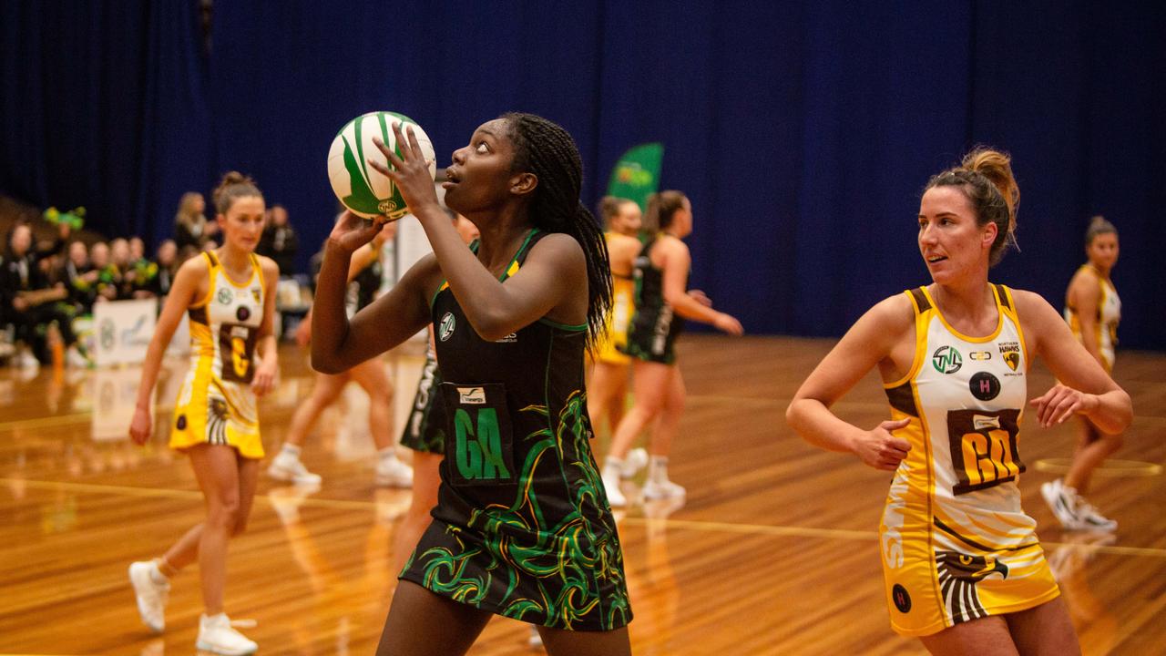 Cavaliers goal attack Esther Kidmas got on a roll early in the opens grand final clash against the Northern Hawks at Launceston's Silverdome. Picture: PATRICK GEE/SUPPLIED