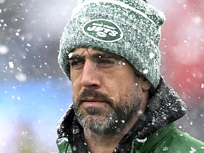 FOXBOROUGH, MASSACHUSETTS - JANUARY 07: Aaron Rodgers #8 of the New York Jets looks on before a game against the New England Patriots at Gillette Stadium on January 07, 2024 in Foxborough, Massachusetts. (Photo by Billie Weiss/Getty Images)