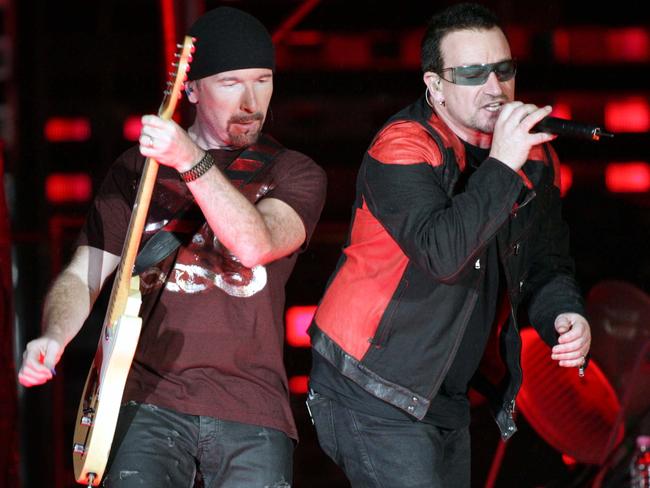 Singer Bono with The Edge from U2 during rehearsal back in Australia in 2006. Picture: News Corp