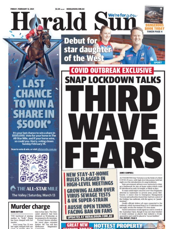 Herald Sun front page for Friday, February 12. <a href="https://metros.smedia.com.au/heraldsun/">Click here to read the Digital Print Edition</a>