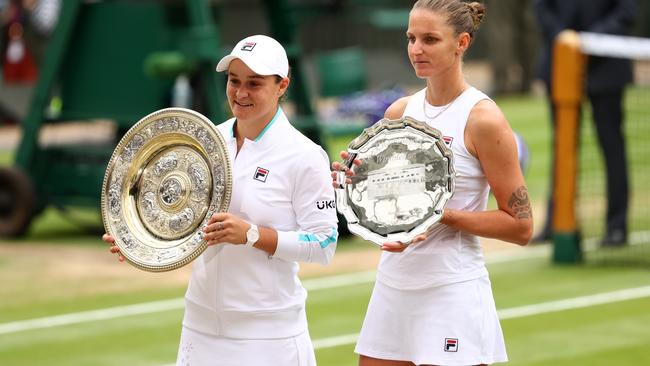 Ash Barty celebrates with the Venus Rosewater Dish trophy after winning her Ladies' Singles Final match against Karolina Pliskov. Picture: Getty Images