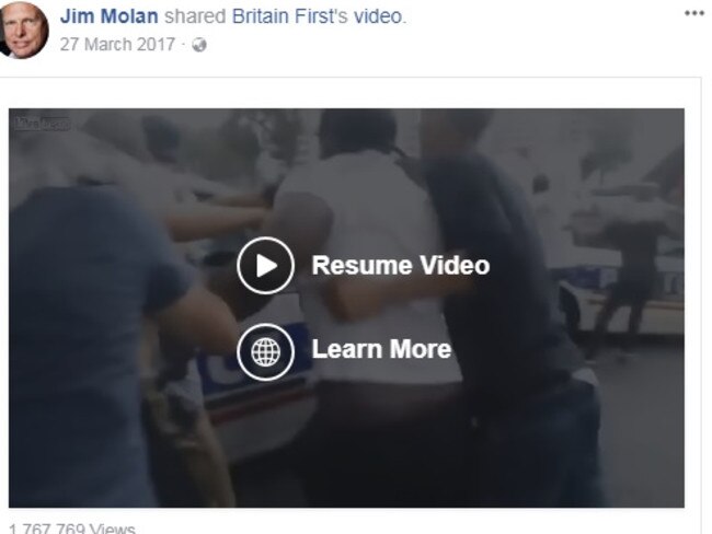 Jim Molan is in trouble for sharing posts from far-right group Britain First, including one titled, “Muslim Thugs Beat Girl in Holland”.