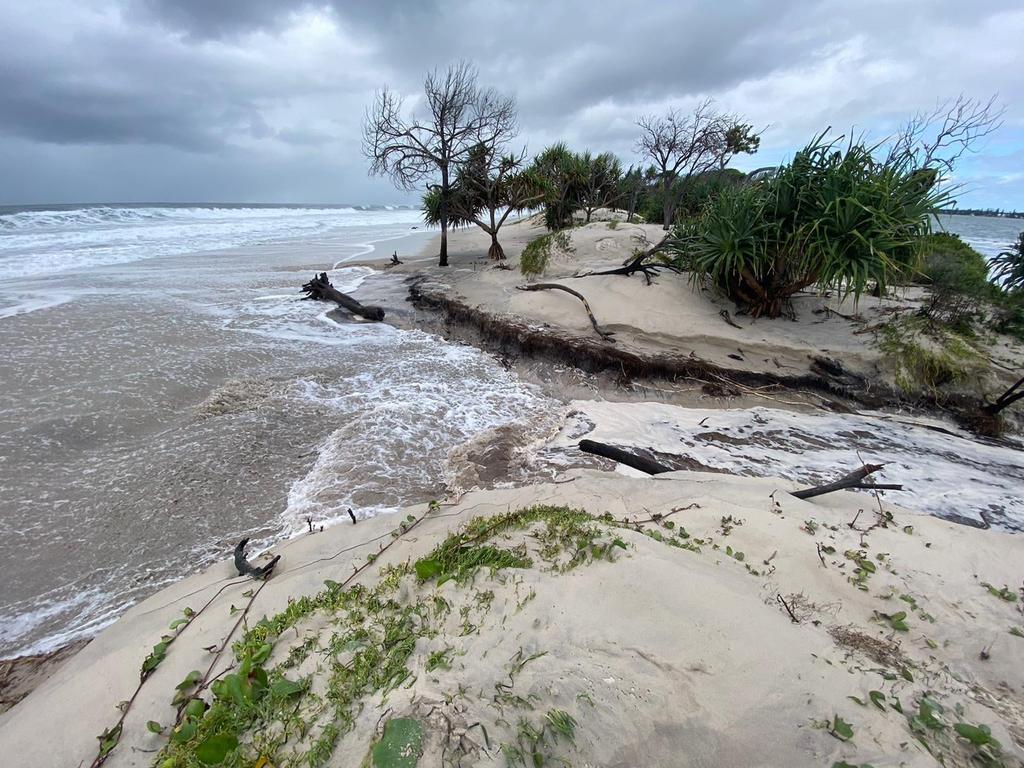 A king tide and huge swells combined to break through part of Bribie Island, creating a second bar into the Pumicestone Passage.