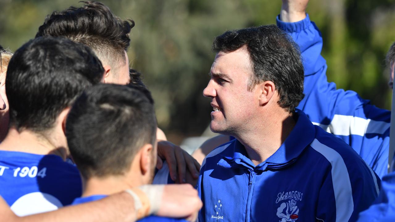 AMATEUR FOOTY: Athelstone  (blue) v Rostrevor OC (red) photographed at Paradise, Adelaide, on Saturday the 12th of May 2018.  A- Coach - Jade Sheedy(AAP/ Keryn Stevens)