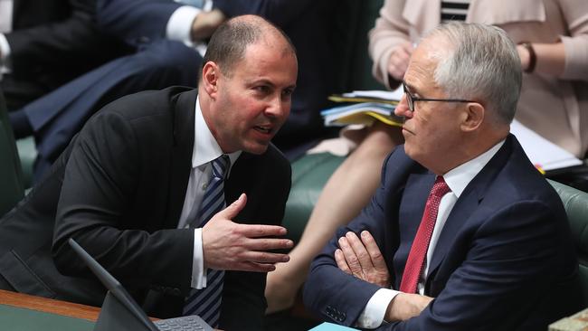 Josh Frydenberg and Malcolm Turnbull in Question Time at Parliament House yesterday. Mr Frydenberg has called on Senator Anning to apologise and visit a Holocaust museum. Picture: Kym Smith