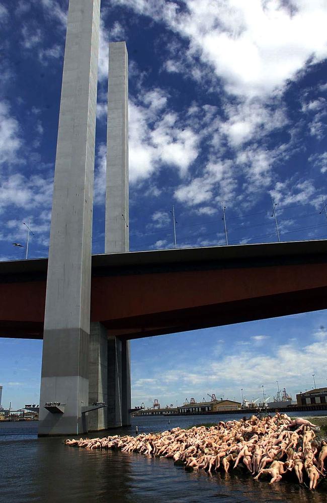 Spencer Tunick’s nude shoot under the Bolte Bridge in 2001.