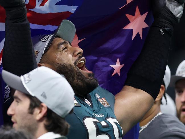 NEW ORLEANS, LOUISIANA - FEBRUARY 09: Jordan Mailata #68 of the Philadelphia Eagles celebrates after beating the Kansas City Chiefs 40-22 to win Super Bowl LIX at Caesars Superdome on February 09, 2025 in New Orleans, Louisiana. (Photo by Emilee Chinn/Getty Images)