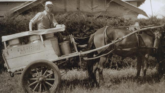 Bill Flett delivers milk with Ruby the horse to Mount Gambier residents in 1951. The Flett brothers, Bill, Ross and Ralph, delivered milk with Ruby during the 1940s and 1950s. The milk was scooped from the large milk cans into billies left out the front of the house. Ruby knew the delivery route and when to stop.