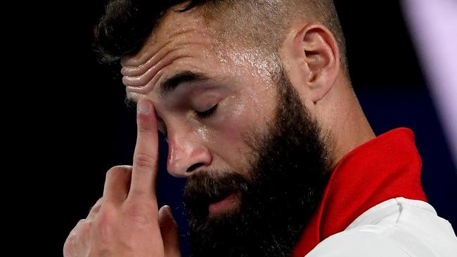 France's Benoit Paire reacts on a point against Austria's Dominic Thiem during their during their group A ATP Cup men's singles tennis match in Melbourne on February 5, 2021. (Photo by Paul CROCK / AFP) / -- IMAGE RESTRICTED TO EDITORIAL USE - STRICTLY NO COMMERCIAL USE --