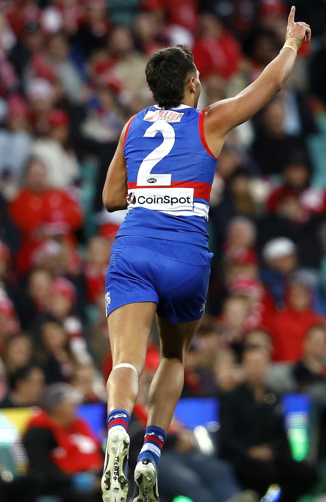 Jamara Ugle-Hagan celebrates kicking a goal against the Swans. Picture: Phil Hillyard.