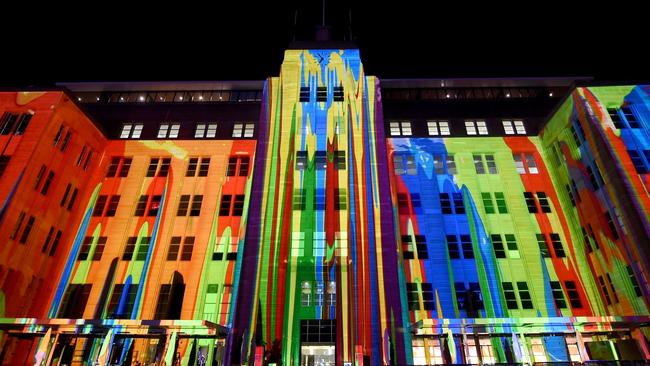 The Museum of Contemporary Art building is lit up for Vivid Sydney. Picture: AFP/Saeed Khan