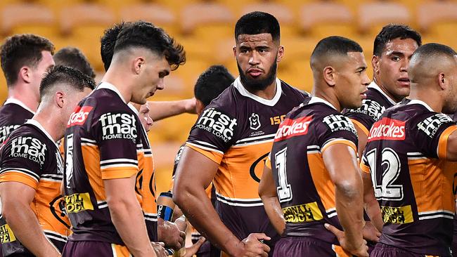 Broncos players look on following a try by Luke Keary of the Roosters during the Round 4 NRL match the Brisbane Broncos and the Sydney Roosters at Suncorp Stadium in Brisbane, Thursday, June 4, 2020. (AAP Image/Darren England) NO ARCHIVING, EDITORIAL USE ONLY