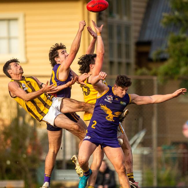 Eagles and Hawks fly for the pill. Picture: Field of View Photography