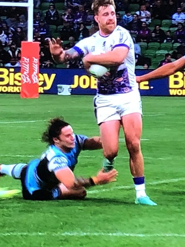 Cam Munster bumps off Nicho Hynes before setting up Xavier Coates. Picture: Fox League