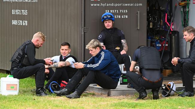 Jockeys are seen during jumpouts at Cranbourne Training Centre. Picture: Getty Images