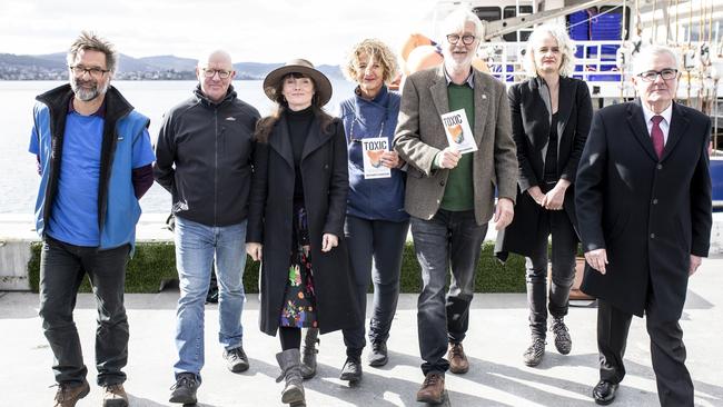 From left, Fisher Mark Bishop, Friends of Bruny Gerard Castles, Bruny Island resident and actor Essie Davis, Co Chair for TAMP Peter George, Sailor Sheenagh Neill, Director of Environment Tasmania Laura Kelly.