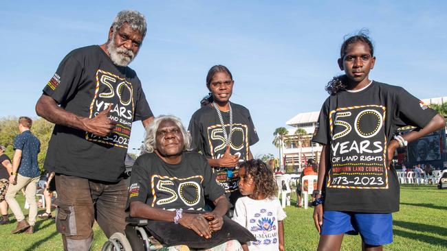 William Parmbuk, Maureen Parmbuk, Michelle Parmbuk, Lala Parmbuk and Becky Parmbuk from Wadeye at the Northern Land Council 50 Year Anniversary Concert in State Square, Parliament House, Darwin. Picture: Pema Tamang Pakhrin