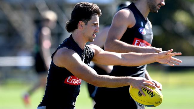 Josh Daicos in action at Collingwood training in early August. Picture: Bradley Kanaris/Getty Images