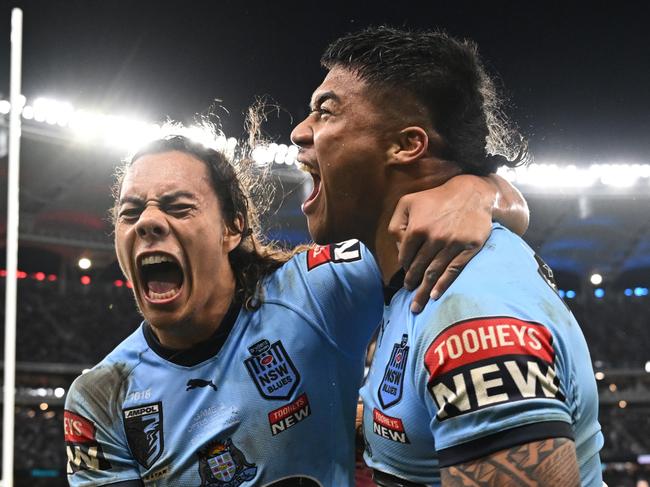 NRL- State of Origin 2022 Game 2 -NSW Blues v QLD Maroons at Optus Stadium, Perth. Jarome Luai and Brian To'o celebrate a try. Picture: NRL Photos