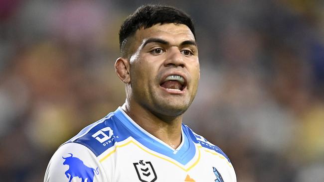 TOWNSVILLE, AUSTRALIA - APRIL 23:  David Fifita of the Titans gestures during the round seven NRL match between the North Queensland Cowboys and the Gold Coast Titans at Qld Country Bank Stadium, on April 23, 2022, in Townsville, Australia. (Photo by Ian Hitchcock/Getty Images)