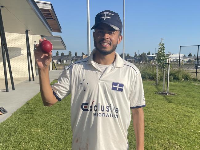 Mohit Mandora holds the ball he took 10 wickets with for Cranbourne Meadows. Picture: Supplied