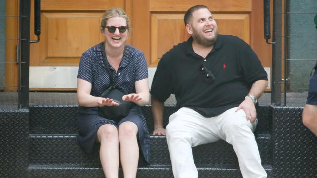 Jonah Hill laughs with friends in 2015.