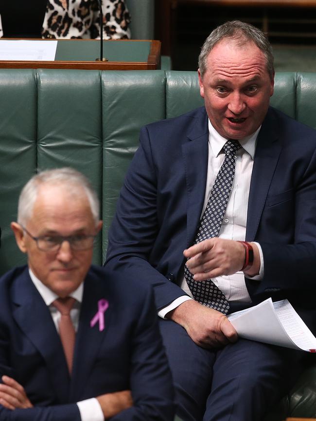 Back in the day ... then-PM Malcolm Turnbull (left) and then-Deputy PM Barnaby Joyce in Question Time in February, 2018. Picture: Kym Smith