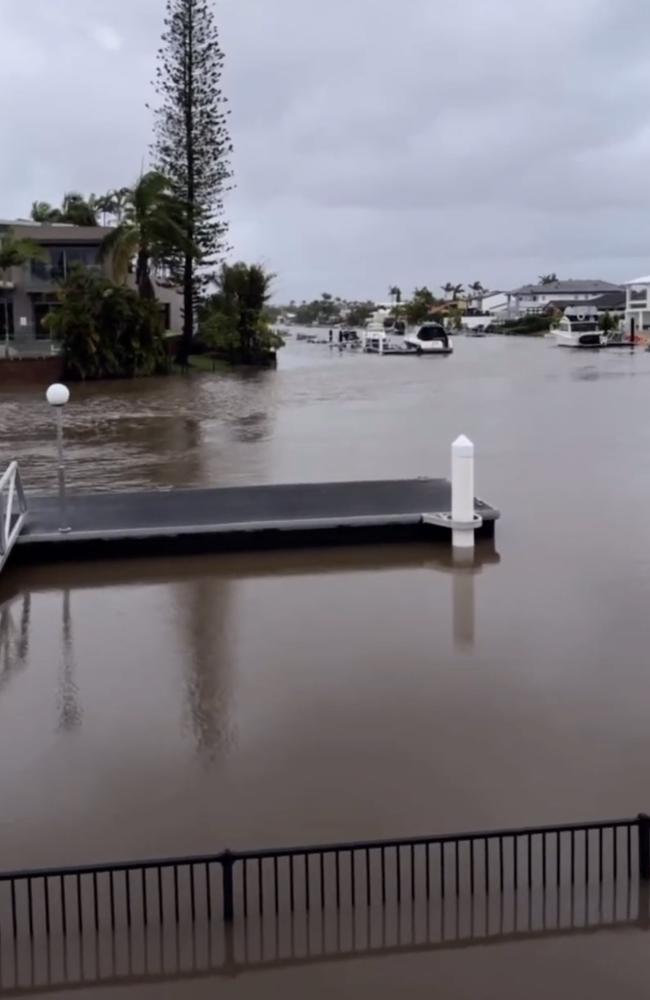 Gold Coasters living by the water woke on Monday to flooded rising water levels, with some finding their properties, jetties and pontoons submerged or swept away after heavy rain drenched the city overnight. Picture: Instagram/ Simon Beard