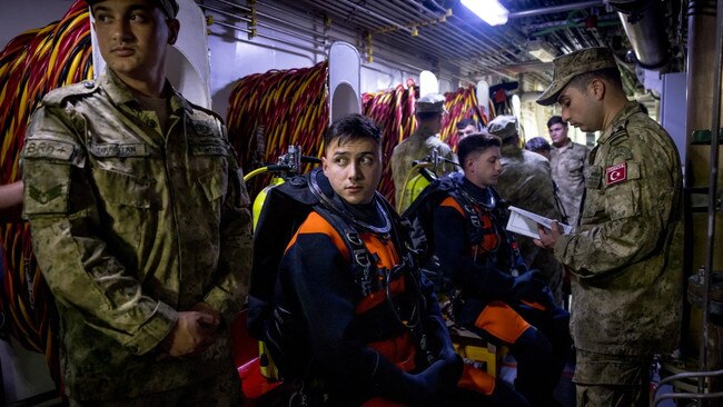 Divers from the Turkish navy prepare to take part in the exercise using an umbilical breathing system. Picture: Jack Taylor/The Times