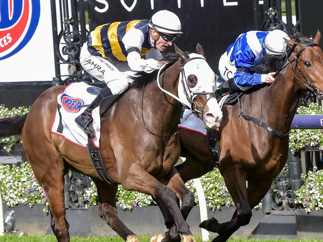 I'm Thunderstruck (NZ) ridden by Mark Zahra wins the PFD Food Services Makybe Diva Stakes at Flemington Racecourse on September 10, 2022 in Flemington, Australia. (Photo by Reg Ryan/Racing Photos via Getty Images)