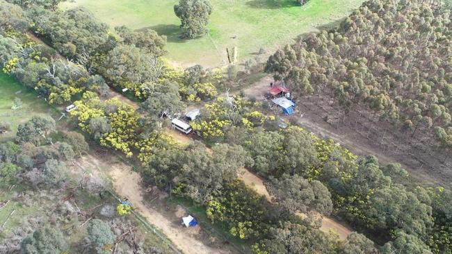 An aerial image shows protesters camping in the bush at the site of the Western Highway upgrade. Supplied.