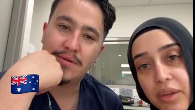 NSW government officials are investigating after a Rashad Nadir and Sarah Abu Lebdeh wearing their NSW Health uniforms were filmed declaring they refuse to treat Israeli people and would “kill them” if they present to their ward.