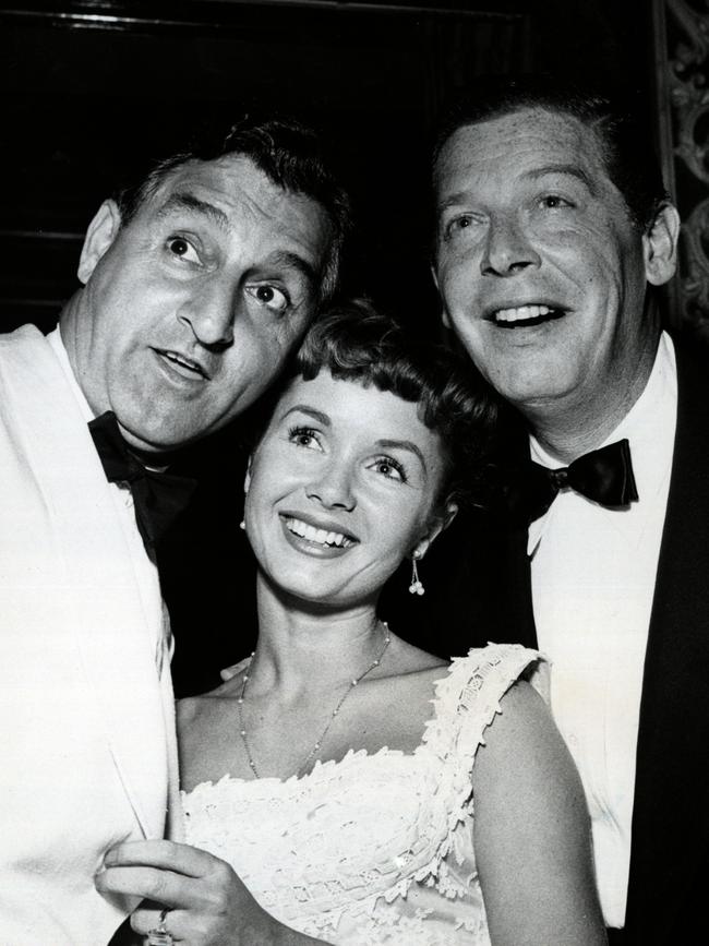 Actors Danny Thomas (L), Debbie Reynolds and Miltion Berle in 1954.