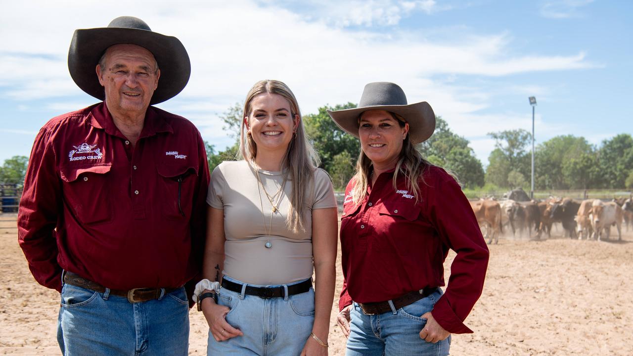 Rodeo Promotions NT directors Russell Simpson and Jodi Abella (left and right) are raising money for Zoe Jevdenijevic's 18-month-old son, who is undergoing treatment for a brain tumour. Picture: Pema Tamang Pakhrin