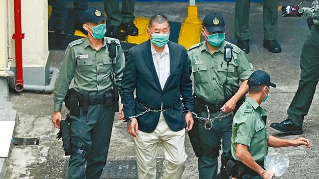 A shackled Jimmy Lai leaving Lai Chi Kok correction centre for court in Hong Kong on December 12. Picture: Apple Daily