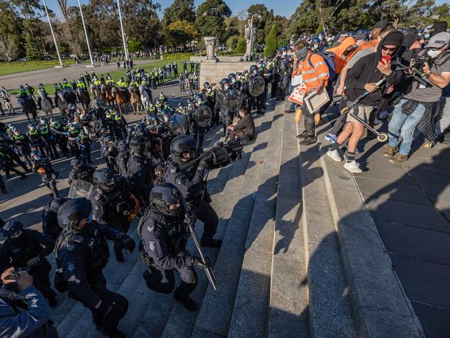 Protesters clash with police at the Shrine on Wednesday. Picture: Jason Edwards
