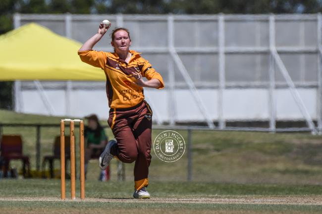 Ipswich Hornets cricketer Keely Freiberg has been producing the goods for her club for years now. She is pictured here applying pressure for Ipswich during the 2020 season.