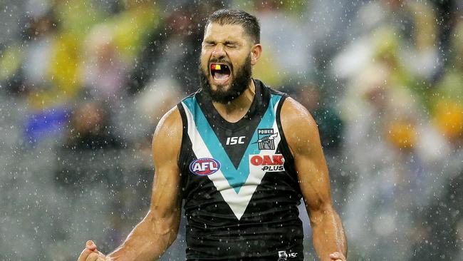 Paddy Ryder celebrates a goal in Port Adelaide’s win over West Coast in Perth. Picture: Will Russell. 