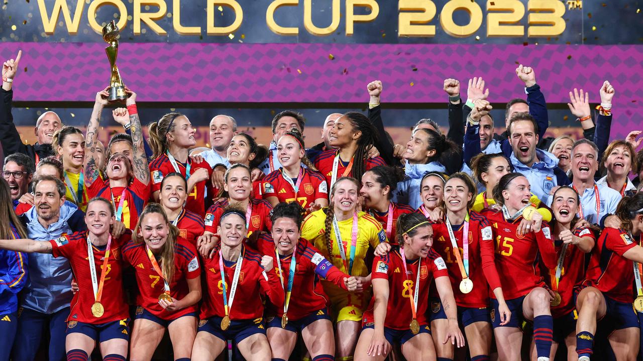 Spain's players and officials celebrate after winning the 2023 Women's World Cup final against England in Sydney. Prince William was criticised for not attending the match. Picture: Franck Fife/AFP